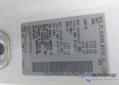 2018 Nissan Nv200 S z USA, uszkodzony, nr VIN 3N6CM0KN7JK696597